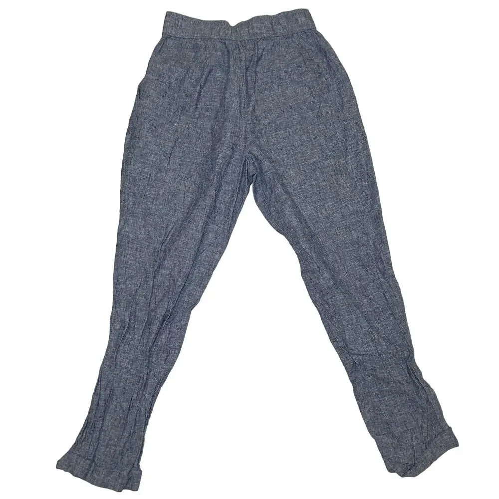 Zara Womens XS‎  Linen crop elastic waist pants Blue Chambray Pull On
